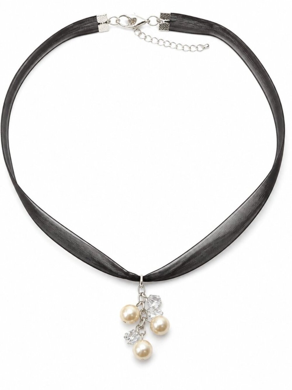 Elegant Black Tulle Necklace w/ Faux Pearls & Crystals on Sterling Silver